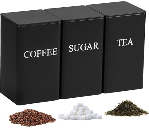 Black Tea Coffee Sugar Canisters - 3 Pack Tea Coffee and Sugar Canisters Set, 1000ML Stainless Steel Canister Storage Jar Container Tins Set with Airtight Lid for Stylish Kitchen Accessories