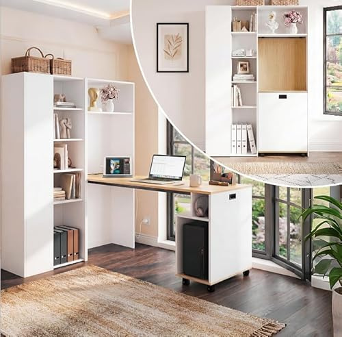 Merax klappbarer 2-in-1 Schreibtisch mit Ablagen, Steckdose & USB, Kippschutz, Eck-Schreibtisch Links – Homeoffice, Studentenwohnung, platzsparend, funktional, Regal & Arbeitsplatz, Weiß