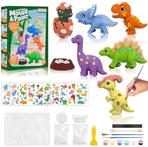 Tuxvealu Dinosaurios Figuras de Escayola para Pintar Manualidades Kit, Regalo para Niños4 5 6 7 8 9 10 11 12 años, 3D Dinosaurios Juegos Manualidades de Yeso,Kit Pintura Juguetes Niños con 7 Patrones