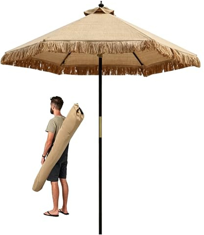 Generico Ombrellone da Giardino Hawaiano in Paglia da 210 cm con Frange, Tropicale Ombrellone da Spiaggia con Palo in Legno e Borsa per Il Trasporto