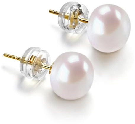 PAVOI 14K Gold Freshwater Cultured White Button Pearl Stud Earrings - 8.5-9mm