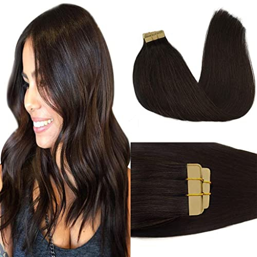 GOO GOO Tape in Extensions, Dunkel Braun Remy Human Hair Extensions 35cm 50g 20pcs, Silky Straight Tape in Natural Hair Extension Echt Echthaar Echthaarverlängerung EchtEchthaar Tapes