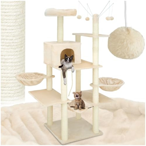 tectake® XXL Kratzbaum groß für Katzen, Zubehör Liegemulden, Katzenhängematte, Katzenhaus, Spielzeug, Sisalseil, Kratzstamm, Katzenbaum, Katzenkratzbaum Höhe ca. 165 cm - beige