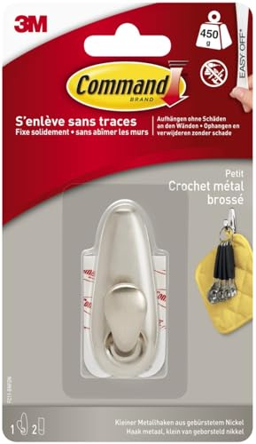 Command Small Brushed Nickel Metal Hook - 1 Hook, 2 Tabs for Interior - Damage Free Hanging