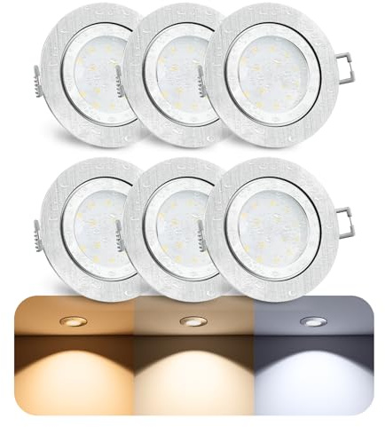 SSC-LUXon RW-2 LED Bad Einbauspot 6er Set rund Alu dimmbar 6W 3 Lichtfarben | Dimmbare Badspots im 6er Set spritzwassergeschützt IP44 - warm / neutral / kalt umschaltbar, nur 30mm tief