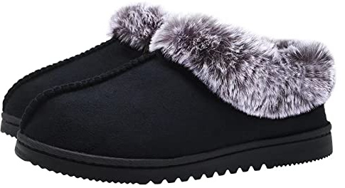UBXRIN Womens Fuzzy Memory Foam Slippers Boots Cozy Faux Fur House Shoes Indoor Outdoor Rubber Sole Anti-Skid,Black US9-10