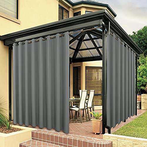 BONZER Breite wasserdichte Outdoor-Vorhänge für Terrasse, schwer, Privatsphäre, Sonnenlicht blockierend, Ösen, Außenvorhänge für Veranda, Pergola, Pavillon, 1 Stück, 275 x 308 cm, Grau | Lichtfilternde Ösenvorhänge für Veranda, Pergola, Pavillon, 1 Panel, 275 x 308 cm, Grau