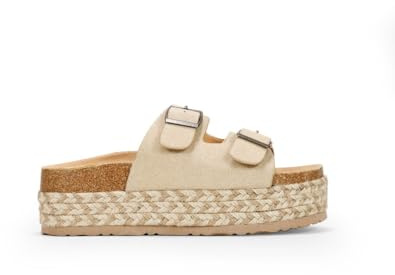 BOSANOVA Sandalias Bio Estilo Pala con una Tira Ancha al Empeine con Detalle de Dos Hebillas Regulables y Suela de Esparto Bicolor. Sin Cierre Calzado para Mujer Beige 37