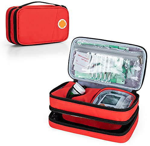 CURMIO Doppelschicht Insulin Reisetasche, Kühltasche für Diabetiker, Isoliert Tasche für Insulin und Diabetiker Zubehör. (OHNE KÜHLAKKUS UND ZUBEHÖR ENTHALTEN), Rot