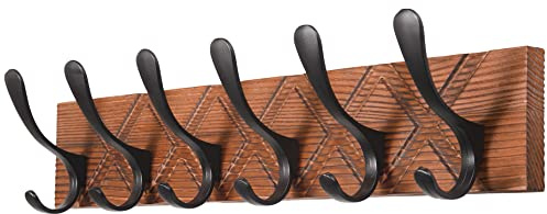 SKOLOO Appendiabiti da parete, in legno antico, intagliato, con 6 ganci, per appendere cappotti, cappelli, vestiti, sciarpe, marrone e nero