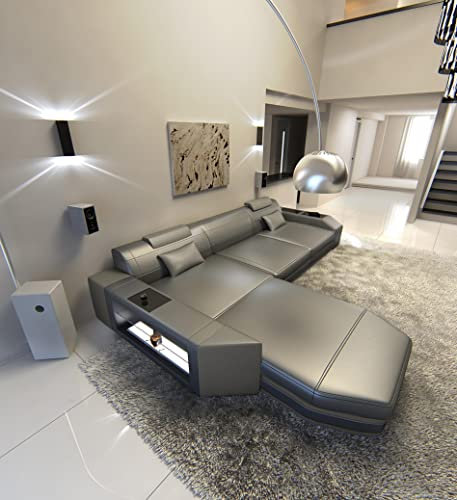 Ledersofa Prato L Form Sofa - mit LED Beleuchtung, verstellbare Kopfstützen, Recamiere/Lederfarben wählbar/Ausrichtung wählbar (Ottomane Links, Grau)