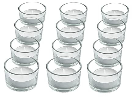 ZENO Clear Glass Tealight Candle Holders Set - 12 Pack | 5.25cm Diameter and 3.25cm Height | For Home Décor, Weddings, Parties and Table Settings
