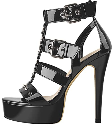 Only maker Damen Plateau Sandalen T-Spange High Heels Sandaletten mit Nieten Lackoptik