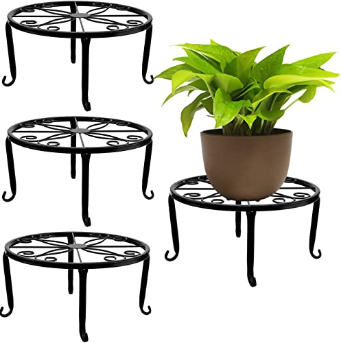 JEUIHAU 4 Stück 22,9 cm Metall-Topfpflanzenständer, robuster Gusseisen-Pflanzenhalter, runde Pflanzenständer, Garten-Behälter-Ständer für Innen- und Außenpflanzen, schwarz
