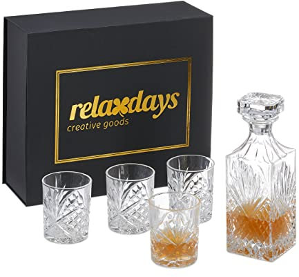 Relaxdays Set da Whisky, Caraffa da 800 ml, 4 Bicchieri da 310 ml, Decanter da Cognac, Confezione Regalo, Trasparente