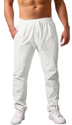 heekpek Pantalones Lino Hombre Verano Pantalon Hombre Casual Pantalones Cómodos Hombre Ligeros Pantalones para Hombre con Cordón, Blanco, L