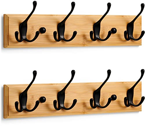 LARHN Garderobenleiste Holz (2 Stk.) - 4 Haken Schwarz - 42 cm | Bambus, Dreifach-Haken, Inkl. Montagevideo & Montagematerial, hält Mäntel, Jacken & Taschen, für Flur, Diele & Schlafzimmer