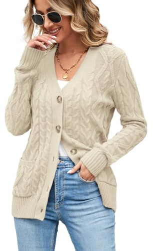 Fall Cardigans for Women 2026 Chunky Cable Knit Button Up Long Sleeve Sweater Sweatshirt Beige M