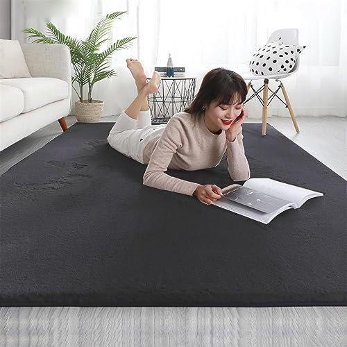 Hochflor Teppich, Einfarbig, Flauschiger Langflor Teppich, Shaggy Flokati, Rechteckig, Pflegeleicht, Wohnzimmerteppich - Fellteppich - Modern Kunstfell Carpet für Schlafzimmer,Schwarz,120x170 cm