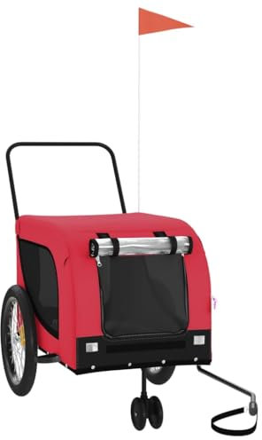 vidaXL Fahrradanhänger für Hunde, Hundeanhänger mit Reflektoren Flagge, Hundetransporter Maximale Belastbarkeit 30 kg, Haustier Transportwagen, Rot Schwarz Oxford-Gewebe Eisen