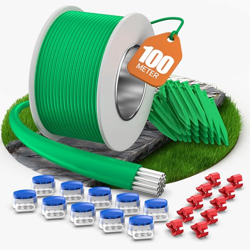 COZCLAM 100m Câble de délimitation +50 Piquets +10 Connecteurs de Câble +10 Bornes De Connexion pour Tondeuses Robot, Kit d'accessoires Câble de Recherche Universel, Compatible avec Gardena/Bosch/Worx