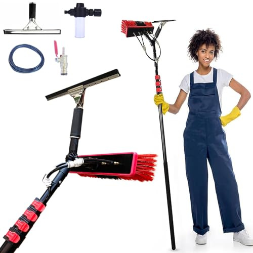 SADOMAIN Teleskopbürste mit Wasseranschluss 3.6-6 m Teleskopstange Fensterreinigung,mit Seifenspender und Fensterwischer,Teleskop waschbürste, Terrassenüberdachung (35cm Brush Head,6M)