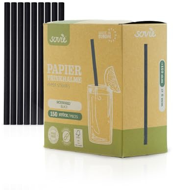 Sovie Strohhalme Papier Schwarz - Trinkhalme Plastikfrei - FSC-zertifiziert, Made in Europe, Biologisch Abbaubar - Ø 8mm - 15cm Länge - 150 Stück