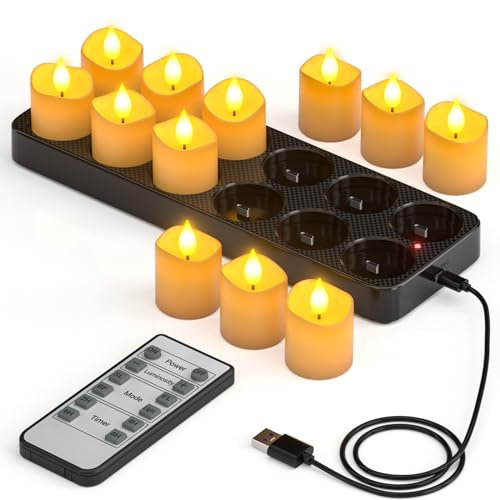 Yme 12 velas de té recargables con temporizador y estación de carga, velas LED recargables, color blanco cálido, parpadeantes, con mando a distancia, regulables, para habitaciones, salones, Halloween