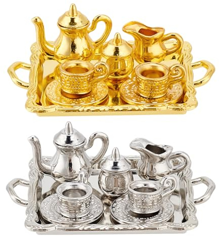 GOMAKERER 2 Sets 2 Colors Mini Metal Tea Sets, Vintage Miniature Tea Cup Tray Kit Alloy Simulation Small Tea Cup Craft Tea Time Accessories for DIY Dollhouse House Models, Platinum Golden