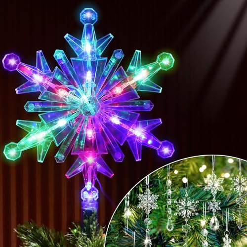 Christbaumspitze, Weihnachtsbaumspitze Weihnachtsbaum Spitze Tannenbaum Spitze Weihnachtsbaumspitzen,Weihnachtsbaum Stern Spitze Baumspitze Weihnachten Weihnachtsbaum Beleuchtet und Schneeflocken Deko