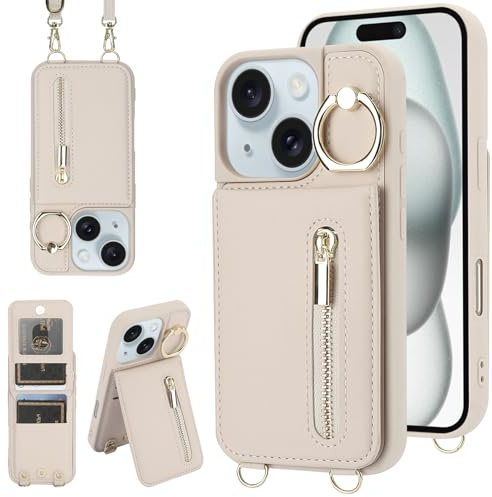 Jcxtrombulous Crossbody Wallet Case for iPhone 12/12 Pro with Lanyard Strap Card Slot Holder [RFID Blocking] 360° Kickstand,Magnetic Flip Folio Zipper Purse Case, PU Leather Cover Handbag,Beige