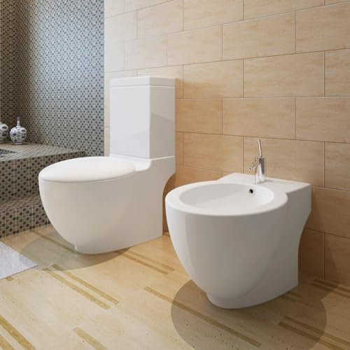 Brokky Stand Toilet & Bidet Set White Ceramic,Close Coupled Bathroom Toilet Modern Ceramic Space Saving Oval Pan Soft Close Seat