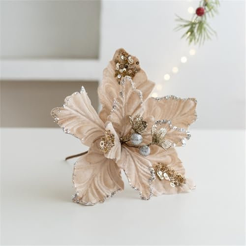 Glitzer Weihnachtsblumen Weihnachtsbaum Blumen Dekoration, Weihnachtssterne Blumen KüNstliche Spitzen Mit Clips, DIY Simulation Christmas Flower Gold Pailletten Dekoration (Champagner,10 Stück)