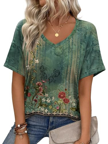 Zeagoo Women's T-Shirts Short Sleeve Shirts Oversized Tees Summer Tops V Neck Green Summer Floral Tees L