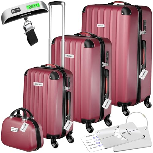 tectake® Set de Valises de Voyage, Coque rigide en ABS, 3 Tailles M-L-XL + Vanity case, Roulettes Pivotantes à 360°, Serrure TSA, Poignée télescopique, Pèse-bagage & étiquettes inclus - Rouge Bordeaux