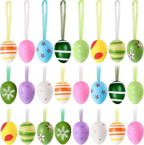 Moscare 24 Stück Ostereier zum Aufhängen, bemalte Nachahmung Ei hängende Dekoration Ostern hängende Ornamente für Osterdekoration, zufällige Stile (24 Stück)