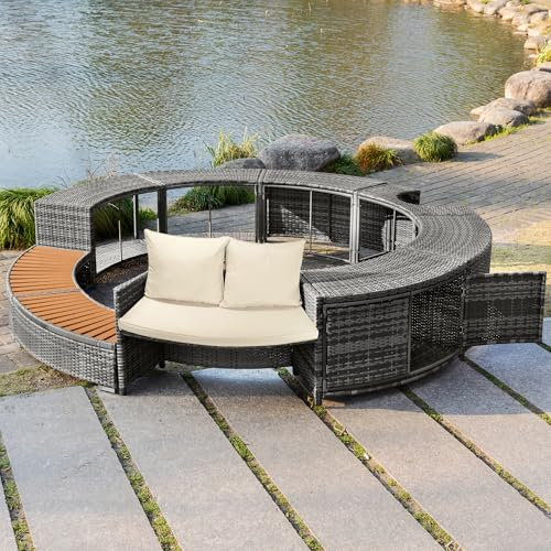 REXO Garten-Lounge-Set mit runder Couch, Gartenmöbel-Set, Lounge-Set, für Whirlpool und Pool, mit verstellbaren Füßen, inklusive Kissen, Möbel für Terrasse, Garten oder Poolbereich