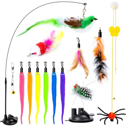 Interactive Cat Feather Toys,14Pcs Durable Fishing Pole Cats Feathers Toy Replacements,Enhanced Suction Cup Cats Wand Toy, Door Hanging Cat String Toys for Indoor Kitten