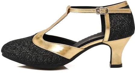 GYUBL Women's Black Glitter T-Strap Dance Shoes Low Heel Salsa Tango Ballroom Heels, 6 UK