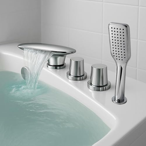 4 Loch Armatur Badewannenrand Chrom Wasserfall Mischbatterie Badewanne mit Brause set Wasserhahn aus Messing,Verchromt
