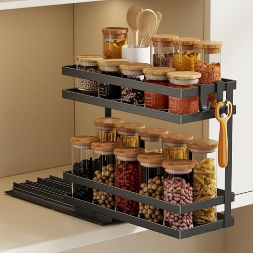 Magheo Gewürzregal Ausziehbar, Metall Gewürz Organizer Schrank, 2 Etagen Herausziehen Gewürzregal Stehend, Kleines Gewürzregals Ohne Bohren Innenschrank Küchen Spice Rack Pull Out (1 Stück-Schwarz)