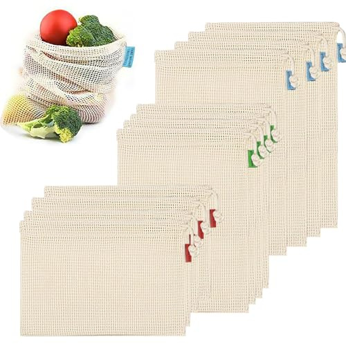 12 Pack Reusable Mesh Produce Bags, Grocery Storage Bags for Fruit, Vegetables, Bulk Food – Washable, Breathable, Zero Waste, Lightweight, for shopping, transporting and storing fruits and veggies.