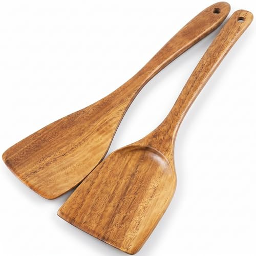 Natural Teak Wooden Spatula Set, 2PCS Non-Stick Safe Cooking Utensils for Wok, Pan, Flipping & Stirring, Includes Wooden Spoons & Spurtle