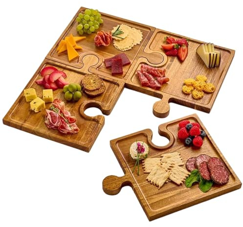 Inaug - Juego de tablas de cortar para quesos – Bandeja para embutidos de madera con forma de puzle de 4 piezas | Bandeja para embutidos con asas y soporte para copa de vino | Aperitivo Comida
