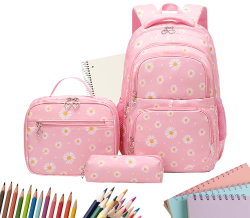Skolväskor för grundskolan – 23 x 16 x 43 cm ryggsäck set med blommigt tryck | Tredelad Daisy-bokväska med matlåda, resor, semester, daglig användning, grundskolväska för flickor U, ROSA, Siehe