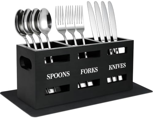 Kitchen Utensils Holder Black Wooden Cutlery Holder with 3 Compartments | Multipurpose Flatware Caddy Cutlery Holder with Handle & Drainage Bottom & Felt Mat for Forks Spoons Cutters Knife