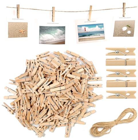 150 Mini Holzklammern 3,5 cm mit 10 m Juteschnur für Fotos & DIY-Dekoration | Naturholz, 3,5 cm, 10 m Juteschnur, Wiederverwendbar, DIY Basteln, Fotowand, Postkarten, Kleidung, Dekoration, Geschenkideen