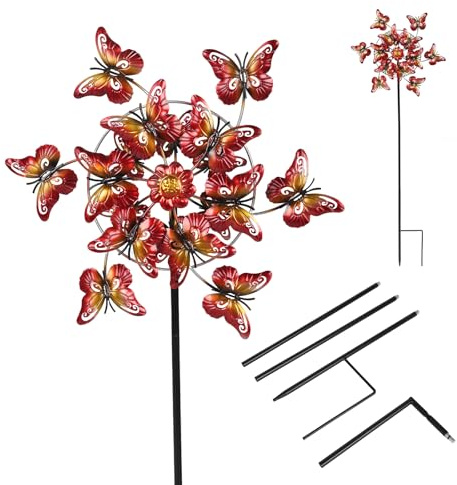 Wind Spinners Outdoor, 53.5‘' Garden Wind Spinner Sculptures Windmill with Base Stand, Large Vintage Butterfly Pinwheels for Lawn Patio Yard Art Outdoor Decor (Red)
