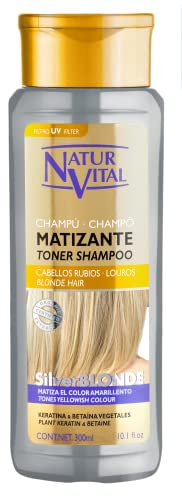 NaturVital - Champú SilverBlonde, Champú Matizador para Cabellos Rubios o Castaño Claro, Neutraliza y Matiza Mechas Rubias y Anaranjadas, con Pigmento Azul, Apto para Pelo Teñido o Natural, 300ml