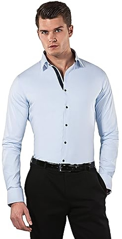 Vincenzo Boretti Chemise Homme, Coupe particulièrement cintrée Body-fit, Tissu élastique-défroissable, mélange de Coton, Manches-Longues, col Kent, Unie - Facile Bleu glacé/Bleu foncé 39-40